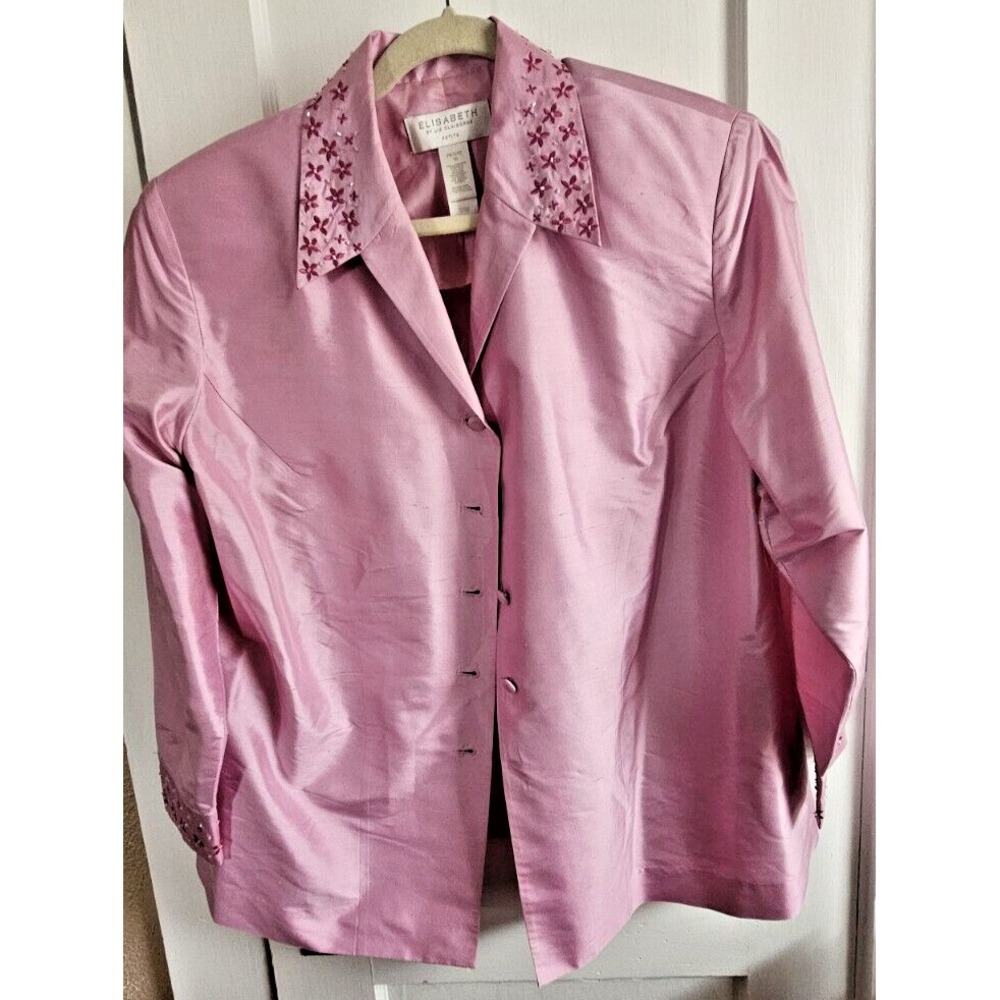 Elisabeth by Liz Claiborne petite 16  Silk pink embroidery floral button‎ shirt